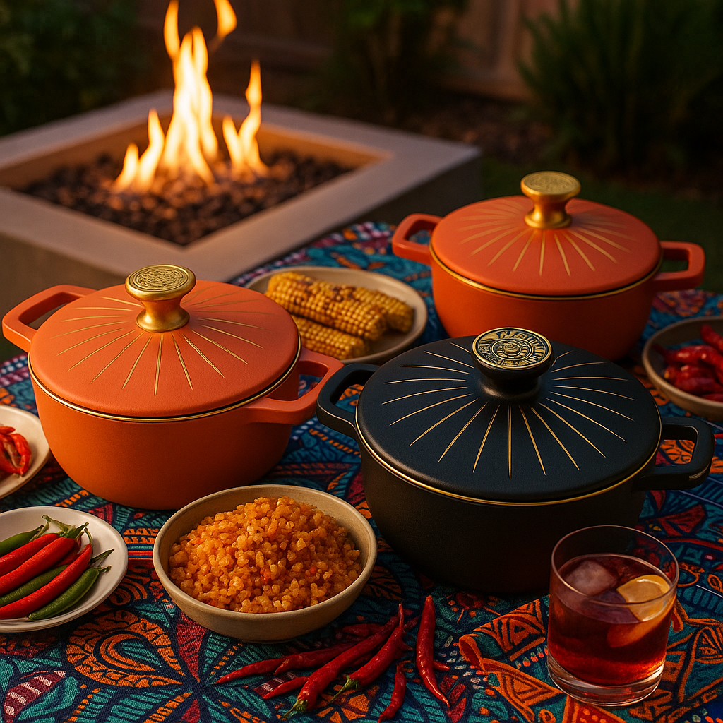 Coral, Palm Oil Glow, and Onyx Sunrise calderos on an Ankara-covered table beside a firepit with roasted corn, rice, chilis, and rum punch, glowing in warm evening light