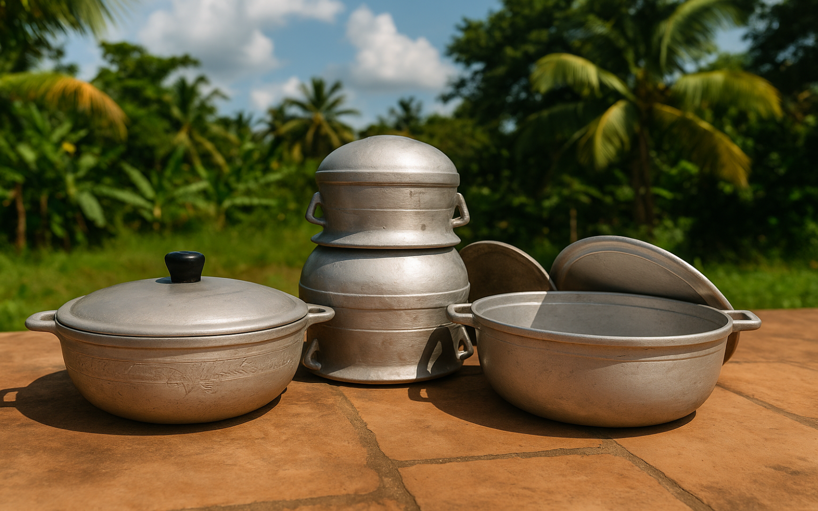 Traditional Ghanaian/Caribbean aluminum pots (dadesen/dutchie/caldero) outdoors